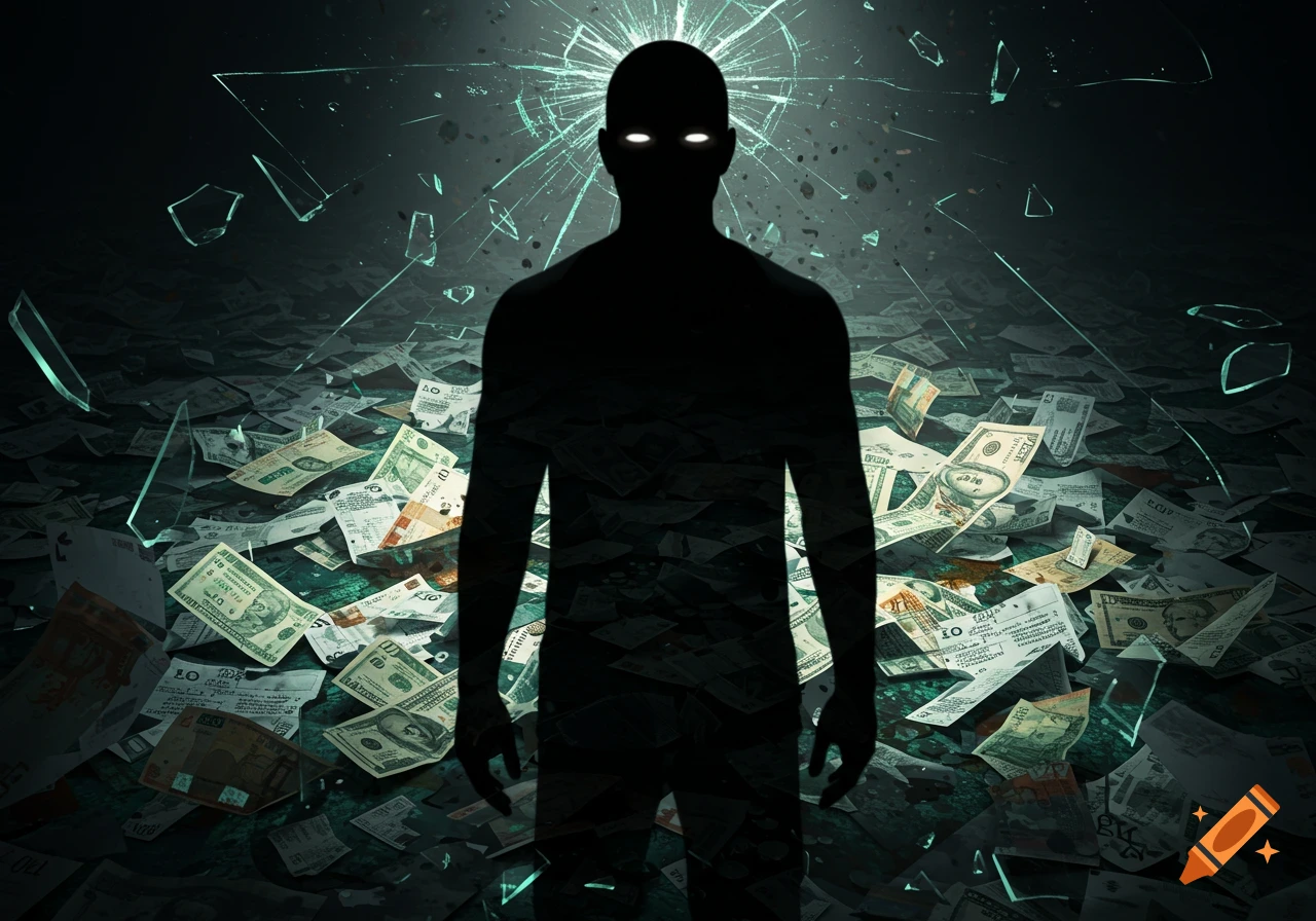 Dark silhouette of a person with glowing eyes, framed by shattered glass, stands over a floor littered with scattered, stylized banknotes.