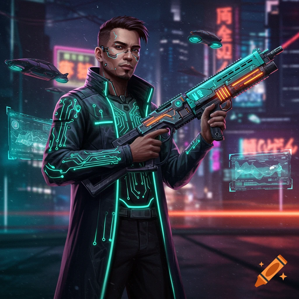 A cyberpunk man with circuit patterns on his suit holds a futuristic teal and orange rifle in a neon-lit city.