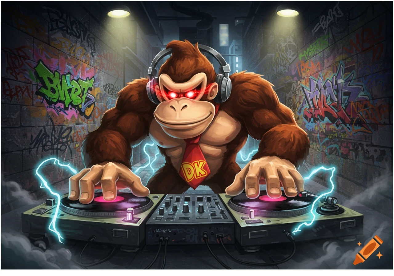 Donkey Kong with glowing red eyes, headphones, and a red tie, intensely DJs on turntables with electric sparks in a graffiti-covered alley.