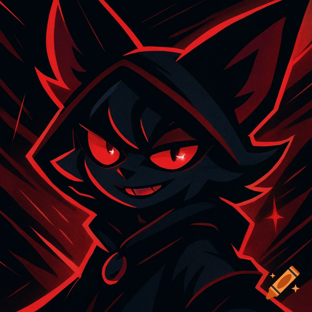 Stylized dark cat-like character in a black hood with glowing red eyes and a mischievous smile, set against a black and red radiating background.