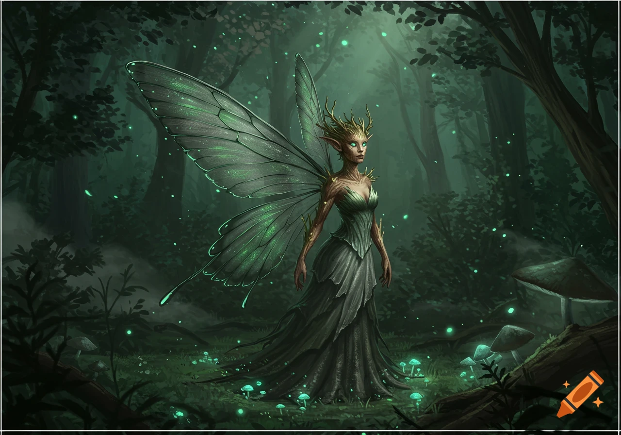 A humanoid fairy with large green wings and a leafy crown stands in a dark, glowing forest with bioluminescent mushrooms.