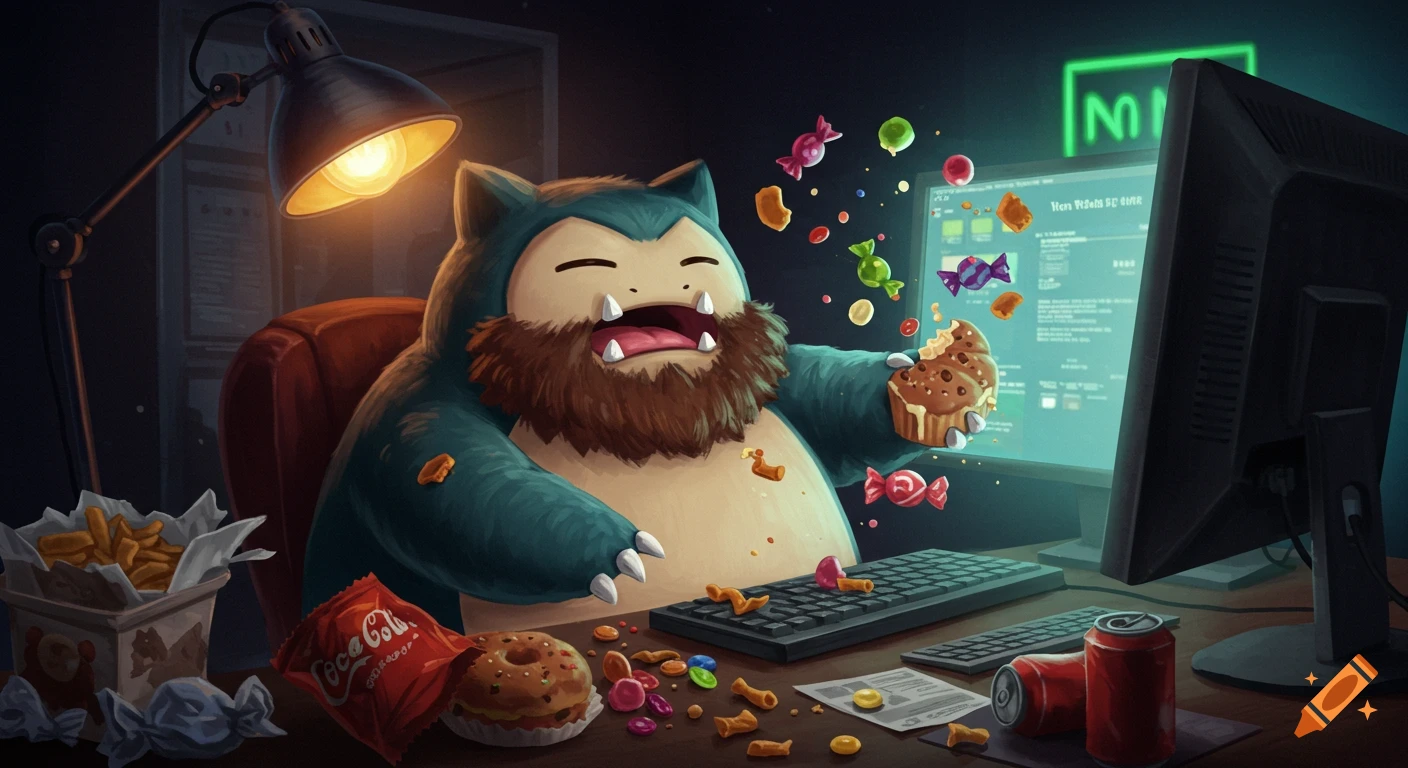 A bearded Snorlax furiously types on a computer, shoveling a cupcake into its mouth amidst a messy desk of junk food.