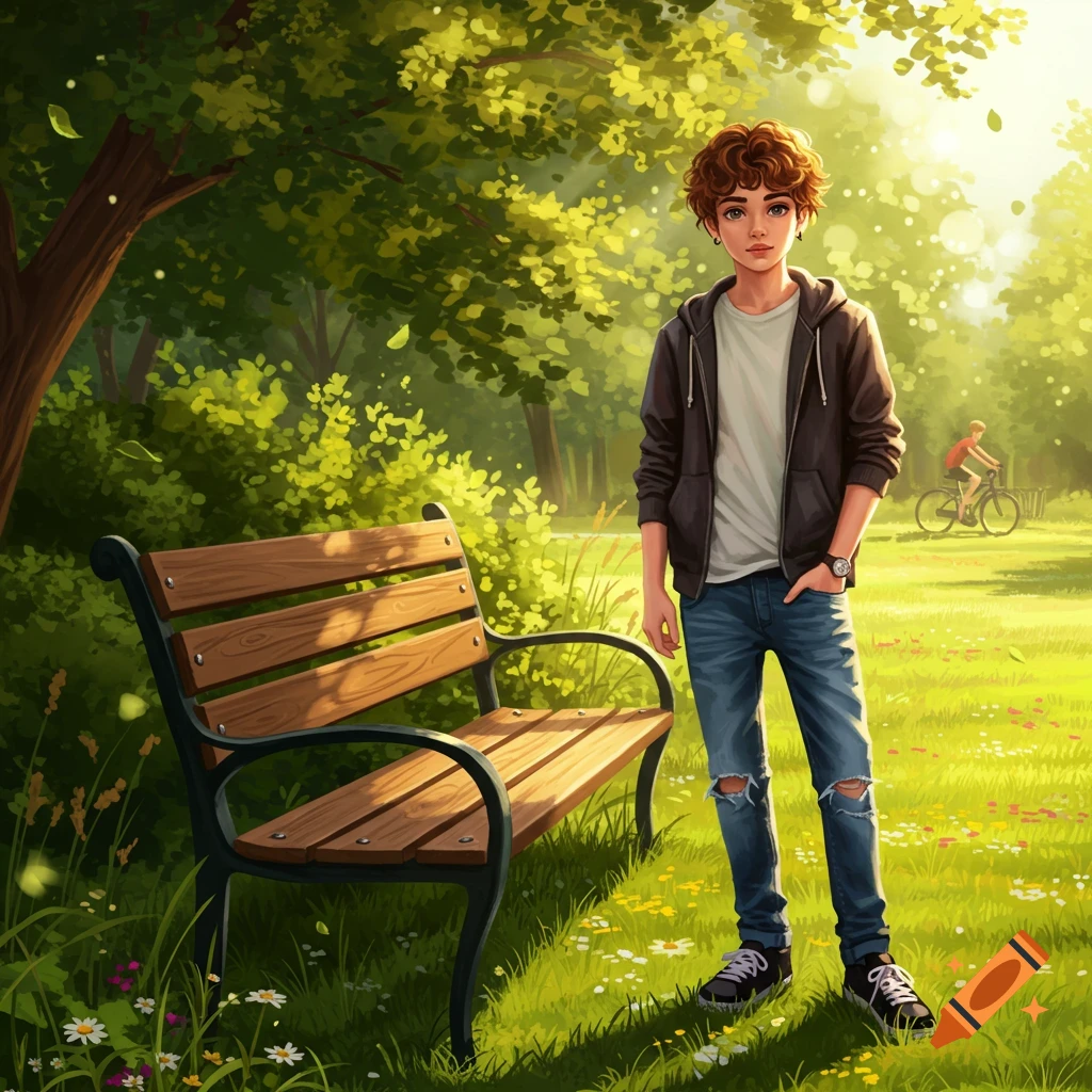 An illustrated young man with curly hair stands in a sunny park next to a bench, with a cyclist in the background.