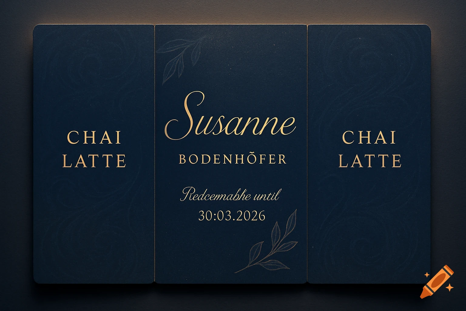 Elegant dark blue gift voucher for chai latte with gold text and decorative leaves.