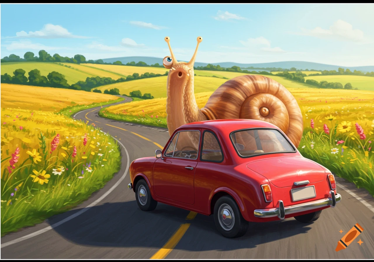 A large, friendly cartoon snail peeks over a small red car driving on a winding road through vibrant, sunny fields.