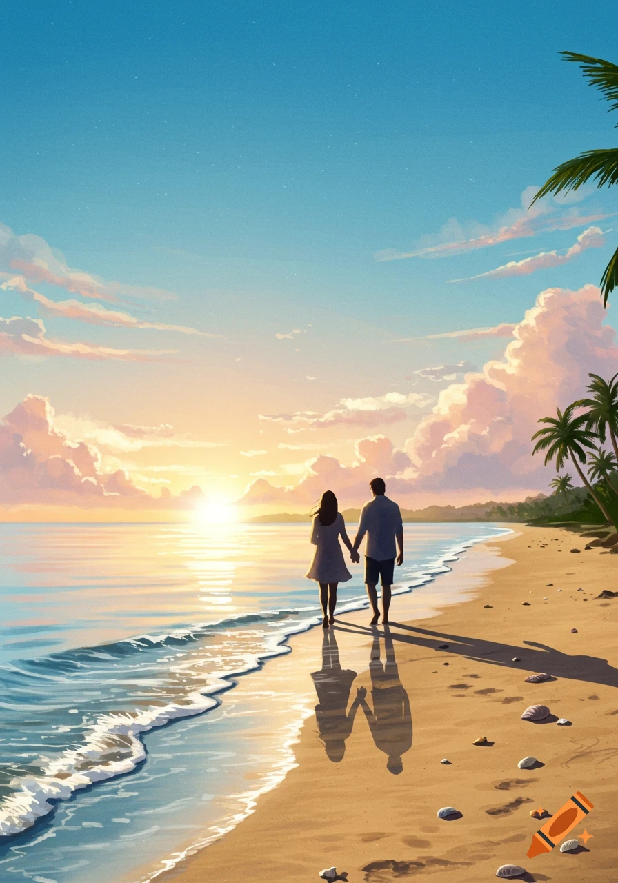 A couple walks hand-in-hand along a sandy beach at sunset, with palm trees and calm ocean waves.