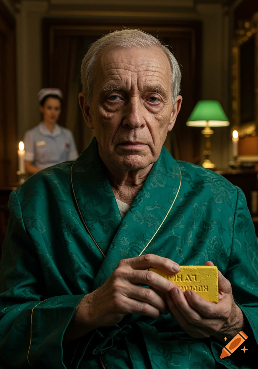 Photorealistic portrait of a somber older man in a green silk robe, holding a yellow brick with garbled text. A nurse is in the background.