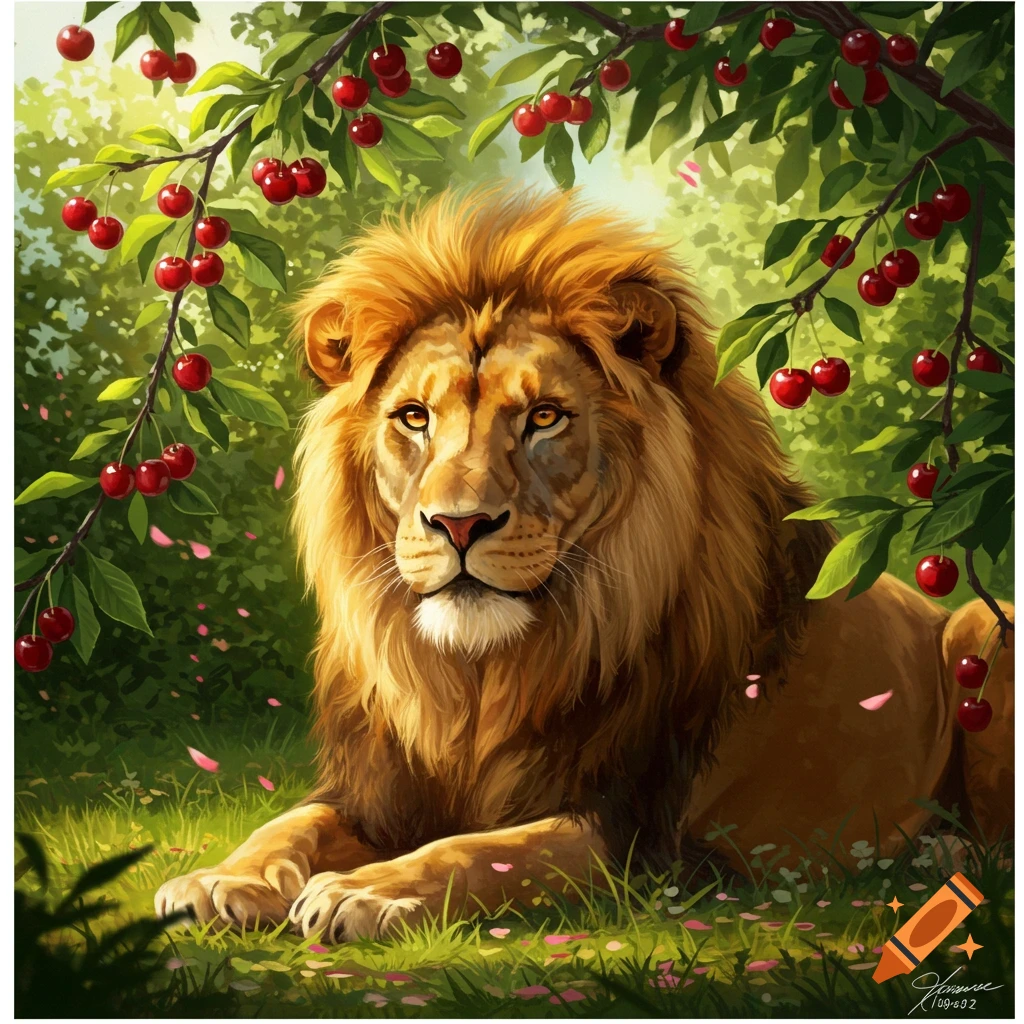 A majestic lion lies in green grass beneath cherry branches heavy with red fruit and pink petals, in a vibrant illustration.