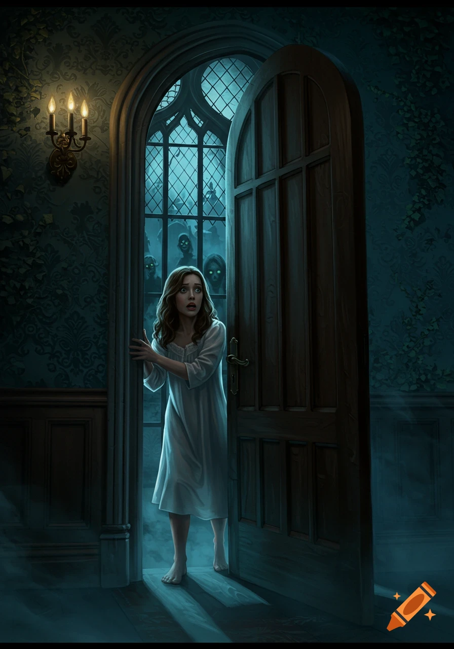 A terrified woman in a white nightgown peers out a Gothic doorway at shadowy figures outside, in a dark, eerie illustration.