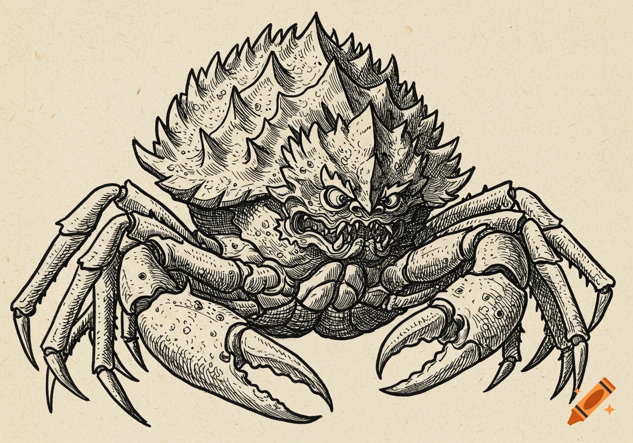 Monochrome black ink woodcut engraving of a fearsome Japanese crab monster with sharp claws and a spiky shell on a textured background.