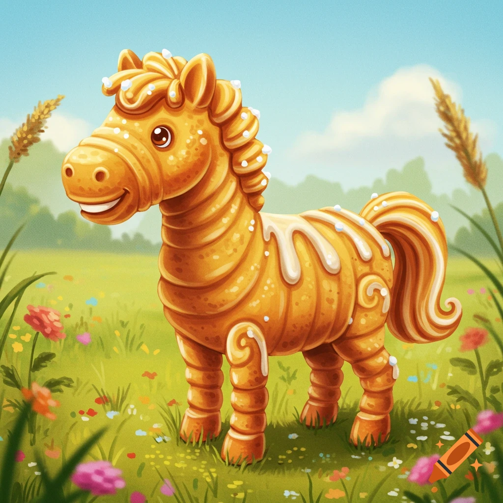 A cheerful, cartoon gingerbread horse with white icing and sprinkles stands in a vibrant green meadow with wildflowers under a blue sky.