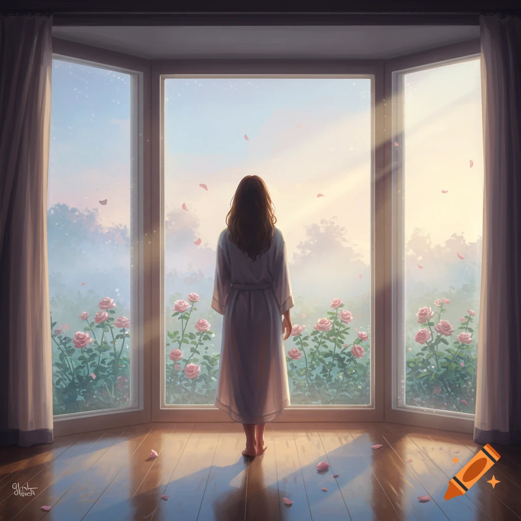 Illustrative image of a woman in a robe with her back to the camera, standing by a bay window looking out at a garden with pink roses and a bright sky.