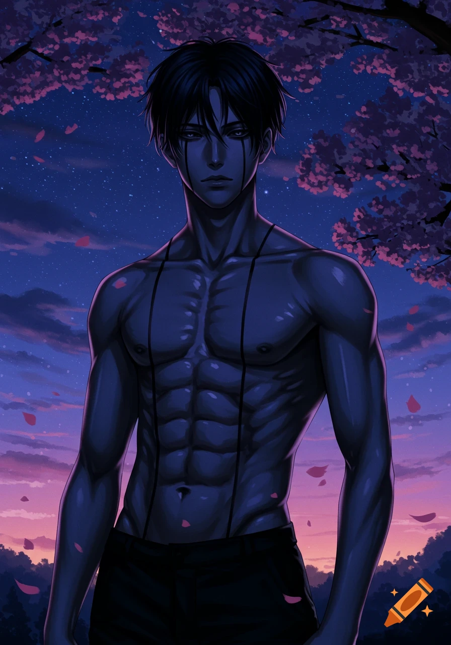 Anime boy with black hair, black lines under his eyes, shirtless, against a starry night sky with cherry blossoms.