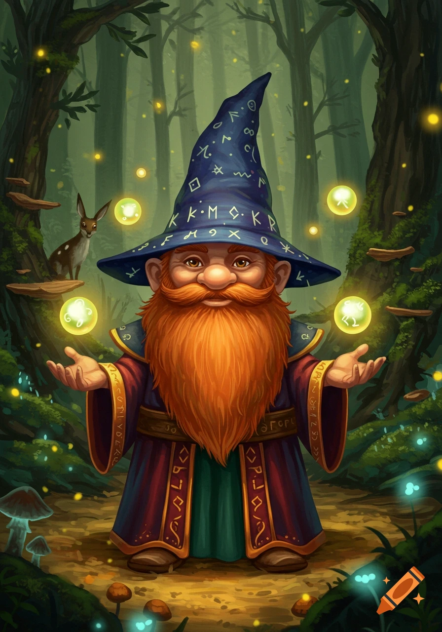 A stylized illustration of a friendly wizard gnome with a long ginger beard, wearing a blue magical hat and a robe, holding glowing orbs in a mystical forest with a small deer in the background.