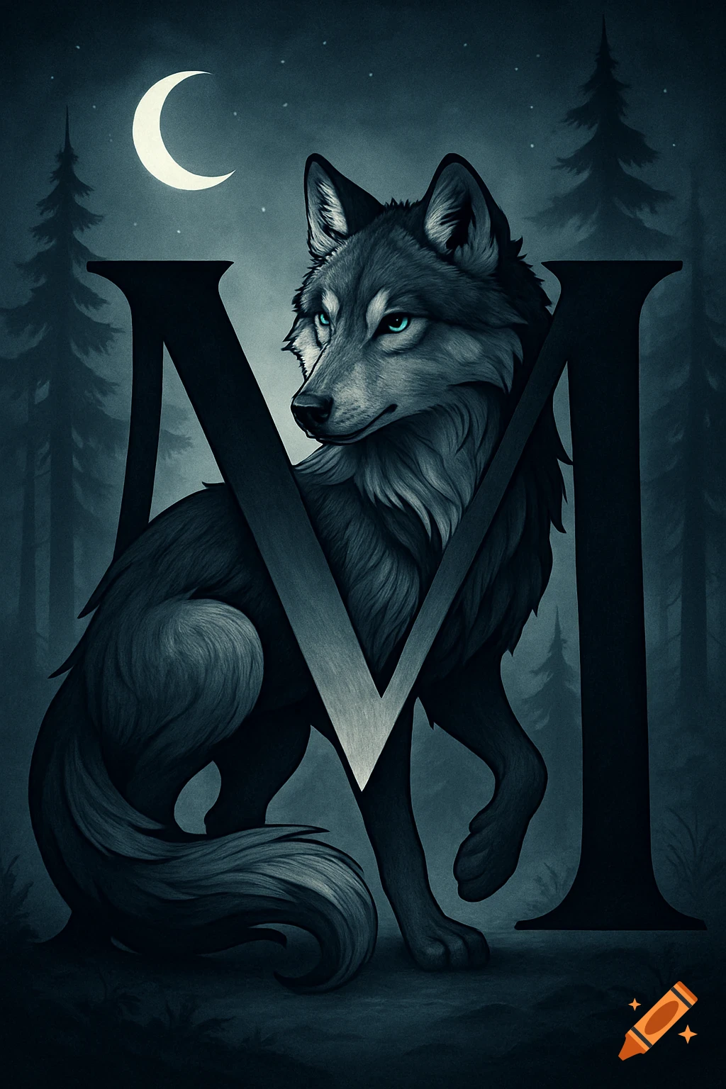 A stylized grey wolf with glowing blue eyes sits in a dark forest at night, intertwined with a large, shaded letter M, under a crescent moon.