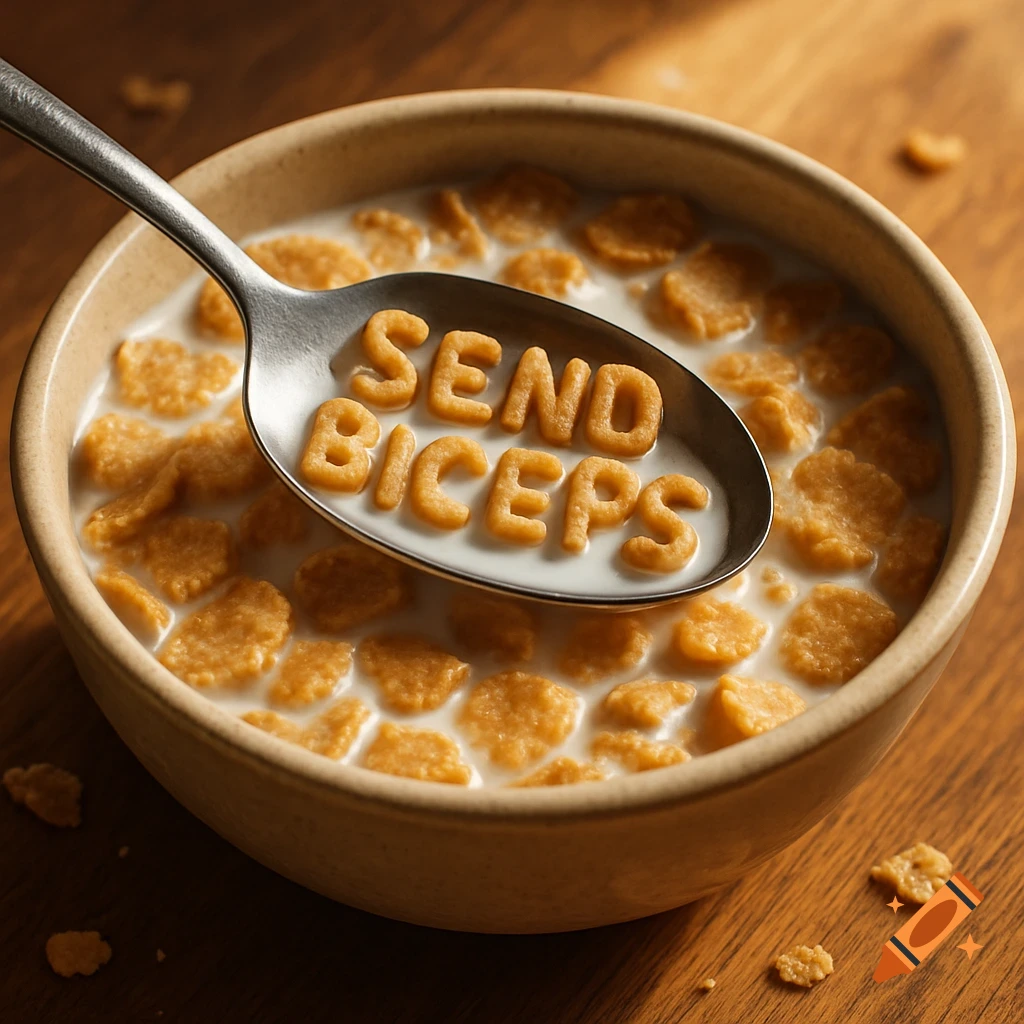 Photorealistic image of a spoon in a bowl of cereal, with letter-shaped cereal spelling 'SEND BICEPS' in the spoon.