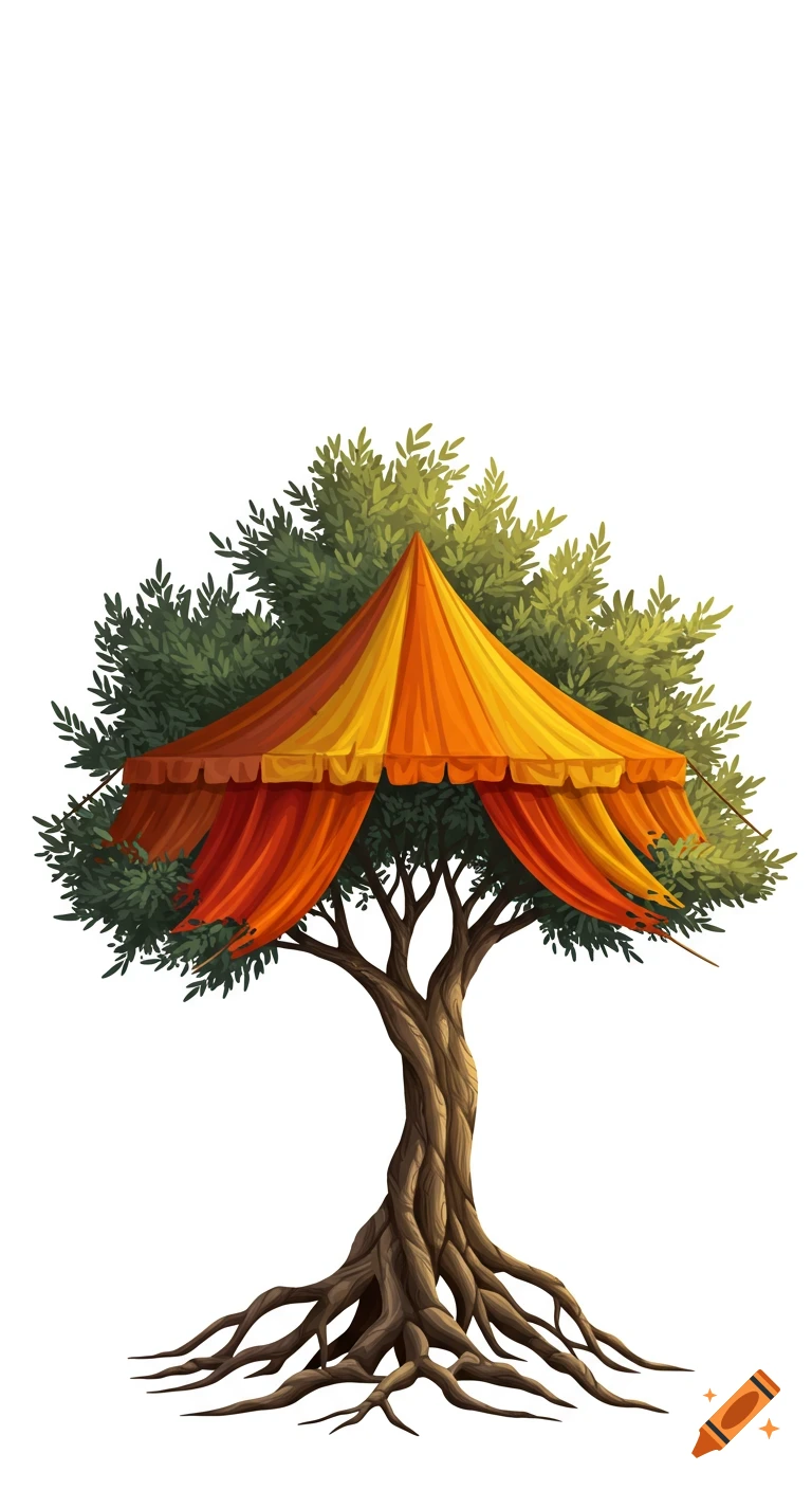 A modern illustration of an olive tree with its canopy and trunk seamlessly transforming into a vibrant orange and yellow fair tent on a white background.
