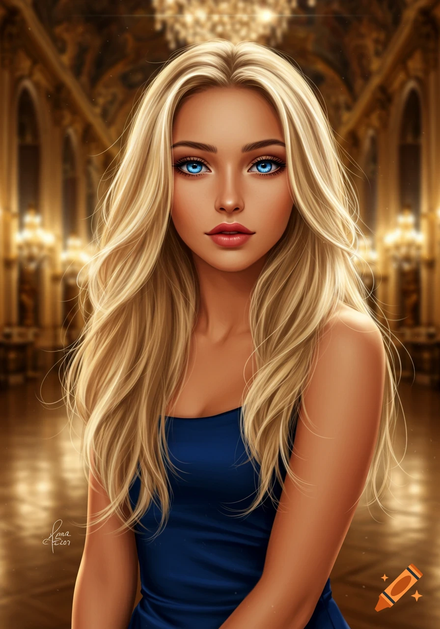 Digital art portrait of a blonde woman with bright blue eyes, wearing a blue dress, in a grand, opulent hall.