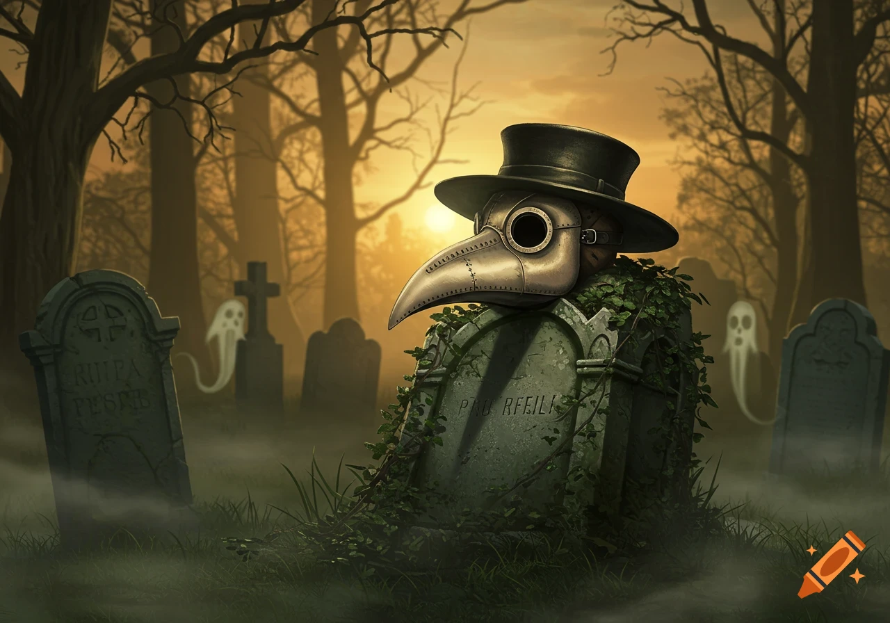 A plague doctor mask on an ivy-covered tombstone in a spooky cemetery with ghostly figures and bare trees at sunset.