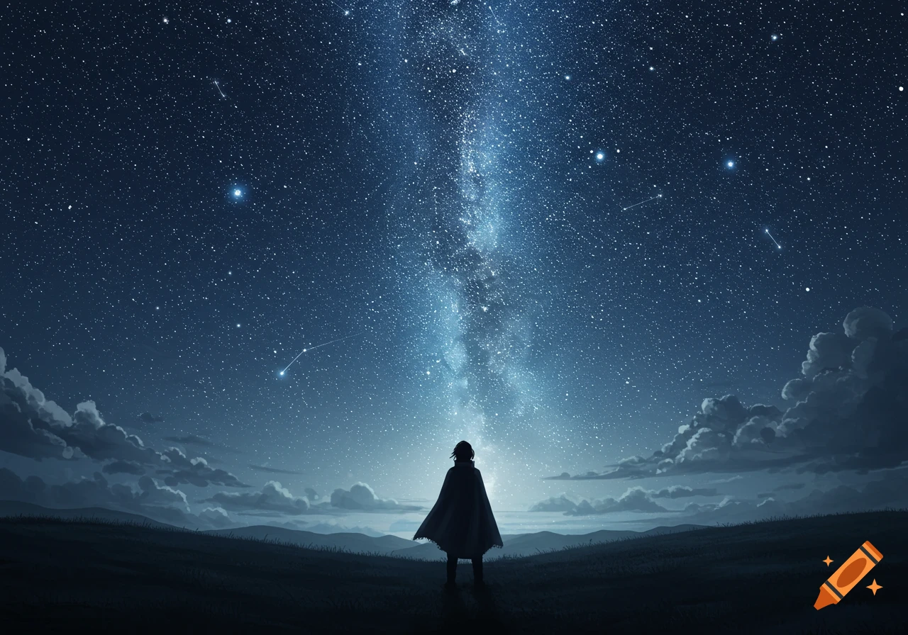 A silhouette of a person in a cape stands on a hill, gazing up at a vibrant, star-filled night sky with a milky way.