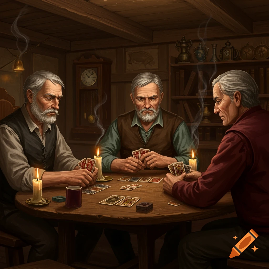 Three elderly men with beards play cards at a wooden table in a dimly lit, rustic room by candlelight. The scene is rendered in a painterly style.