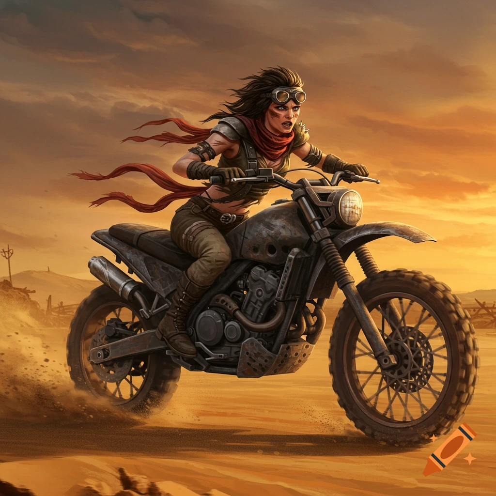 A fierce, goggles-wearing woman in a red scarf rides a dirt bike through a dusty, orange desert, post-apocalyptic art style.