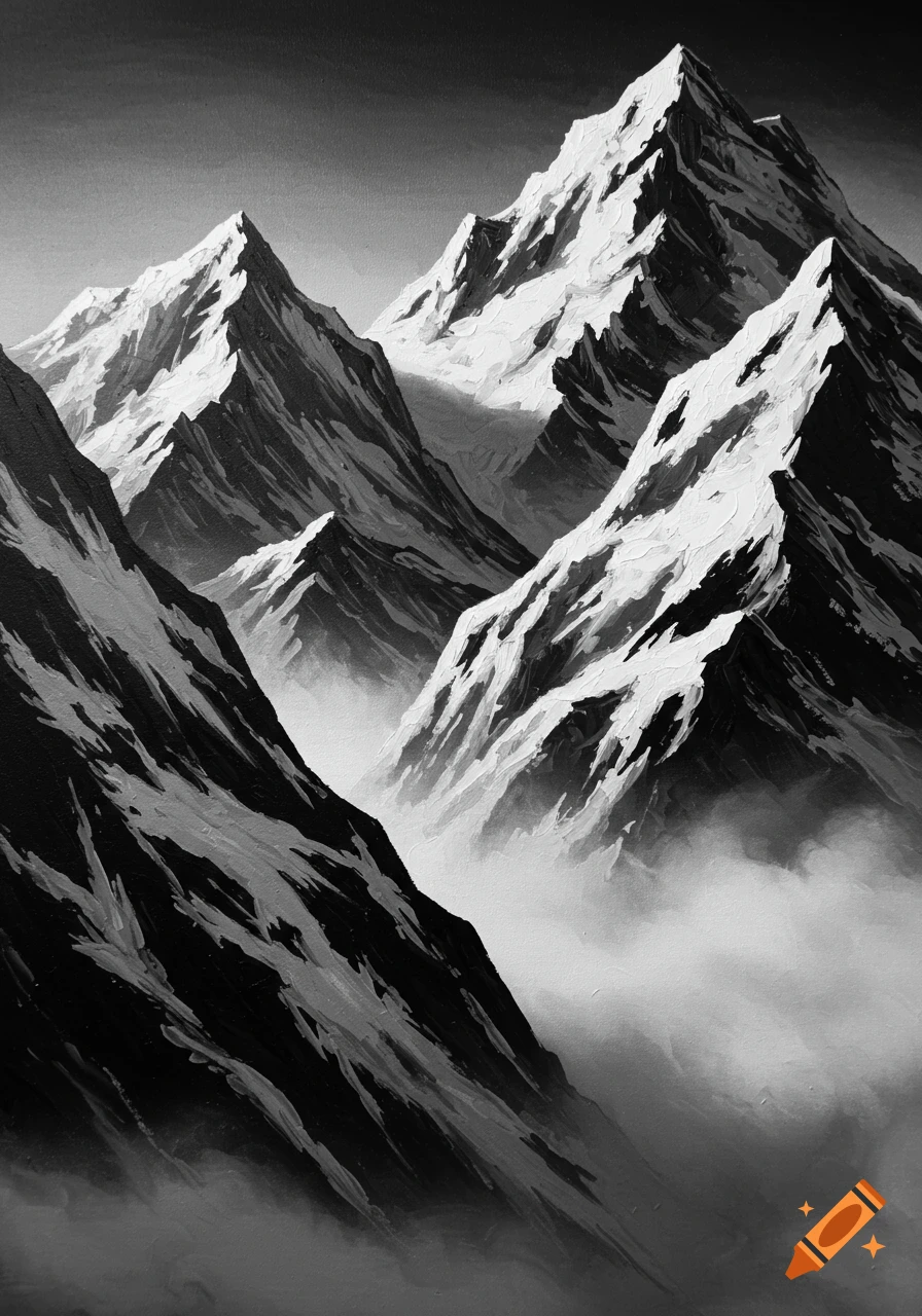 Black and white impressionistic painting of rugged snow-capped mountains with valleys filled with mist.