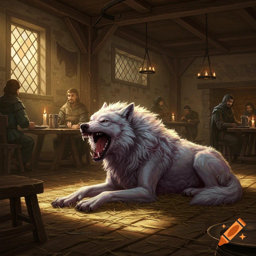 A large, white, snarling wolf with red markings lies on the straw-covered floor of a dimly lit medieval tavern, with men at tables in the background.