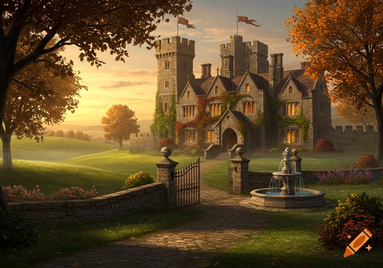A majestic medieval castle or manor at sunset, surrounded by green hills, autumn trees, and a stone fountain.