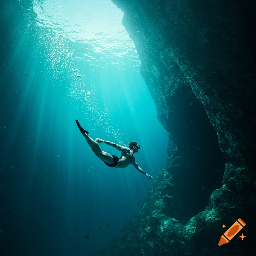 Muscular male free diver with mask and fins descends in turquoise water with sunbeams, next to an underwater cave wall.