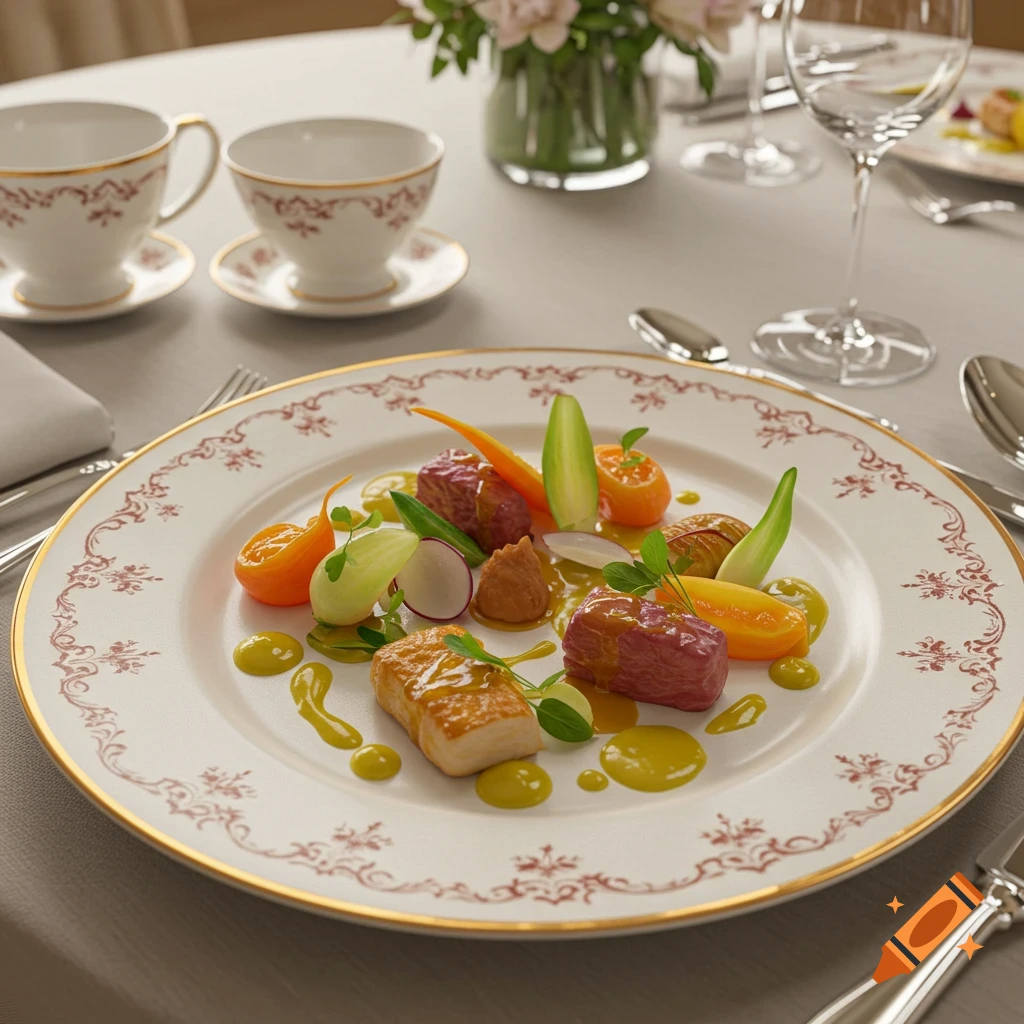 Gourmet plated meal with meat, vegetables, and sauce on an ornate white and gold plate on a fine dining table.
