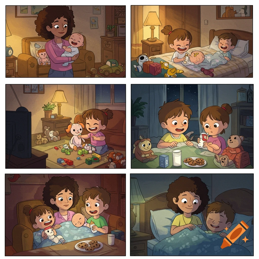 Cartoon storyboard of a family's evening routine with parents and three young children playing and getting ready for bed.