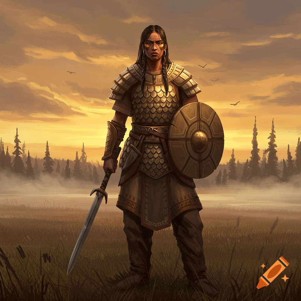 A Chipewyan warrior in Bronze Age armor holds a sword and shield, standing in a misty field at sunset.