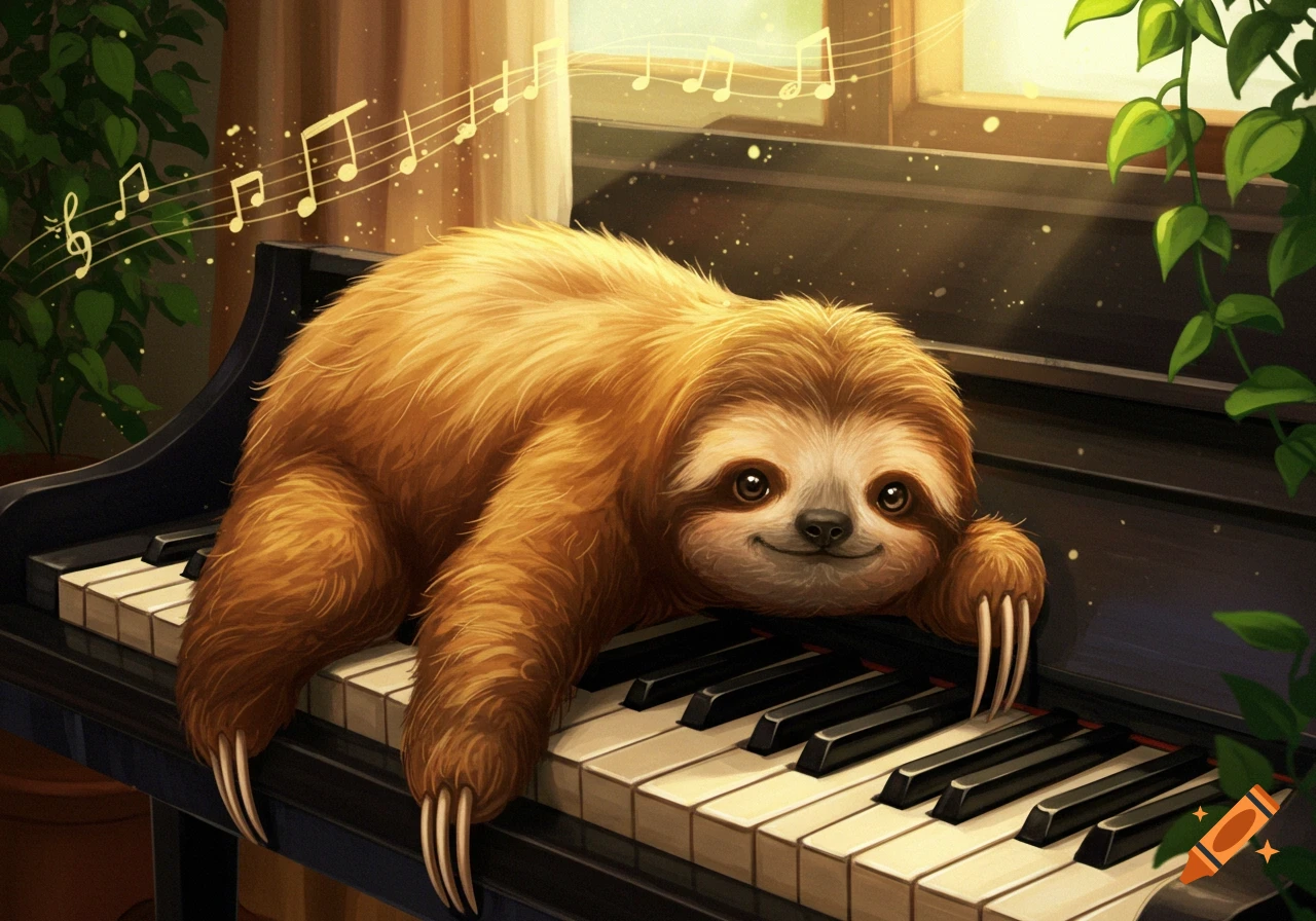 An adorable, fluffy sloth with long claws lies across the keys of a black piano, smiling softly. Musical notes float in the air, with green plants and warm light from a window in the background.