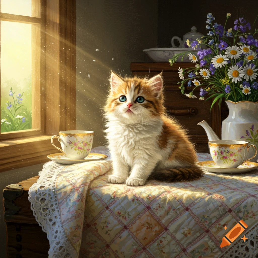 A fluffy orange and white kitten with blue eyes sits on a patterned tablecloth in a sunlit room, with teacups and flowers.
