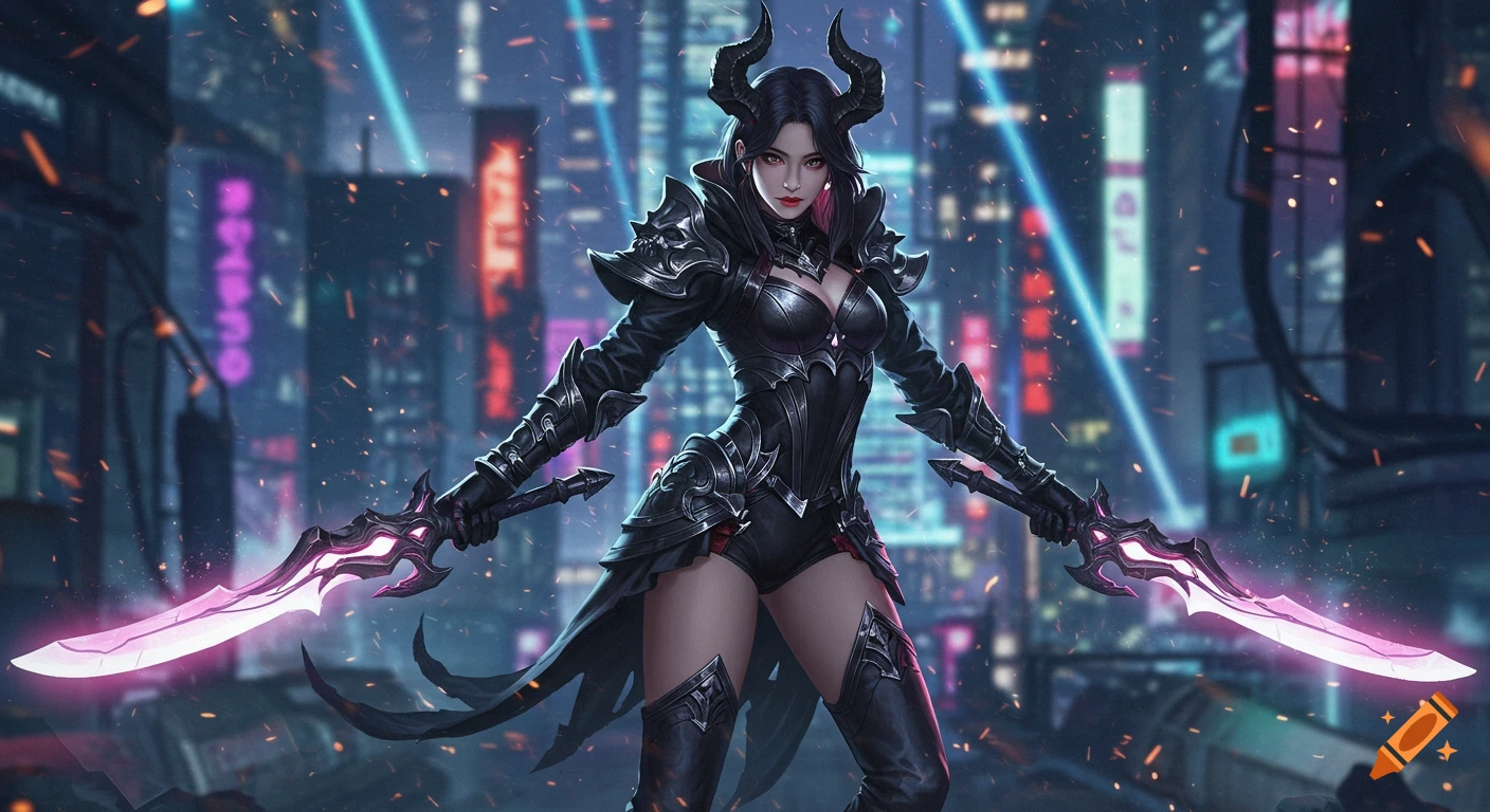 A female demon hunter in dark futuristic armor holding glowing swords in a neon-lit cyberpunk city.