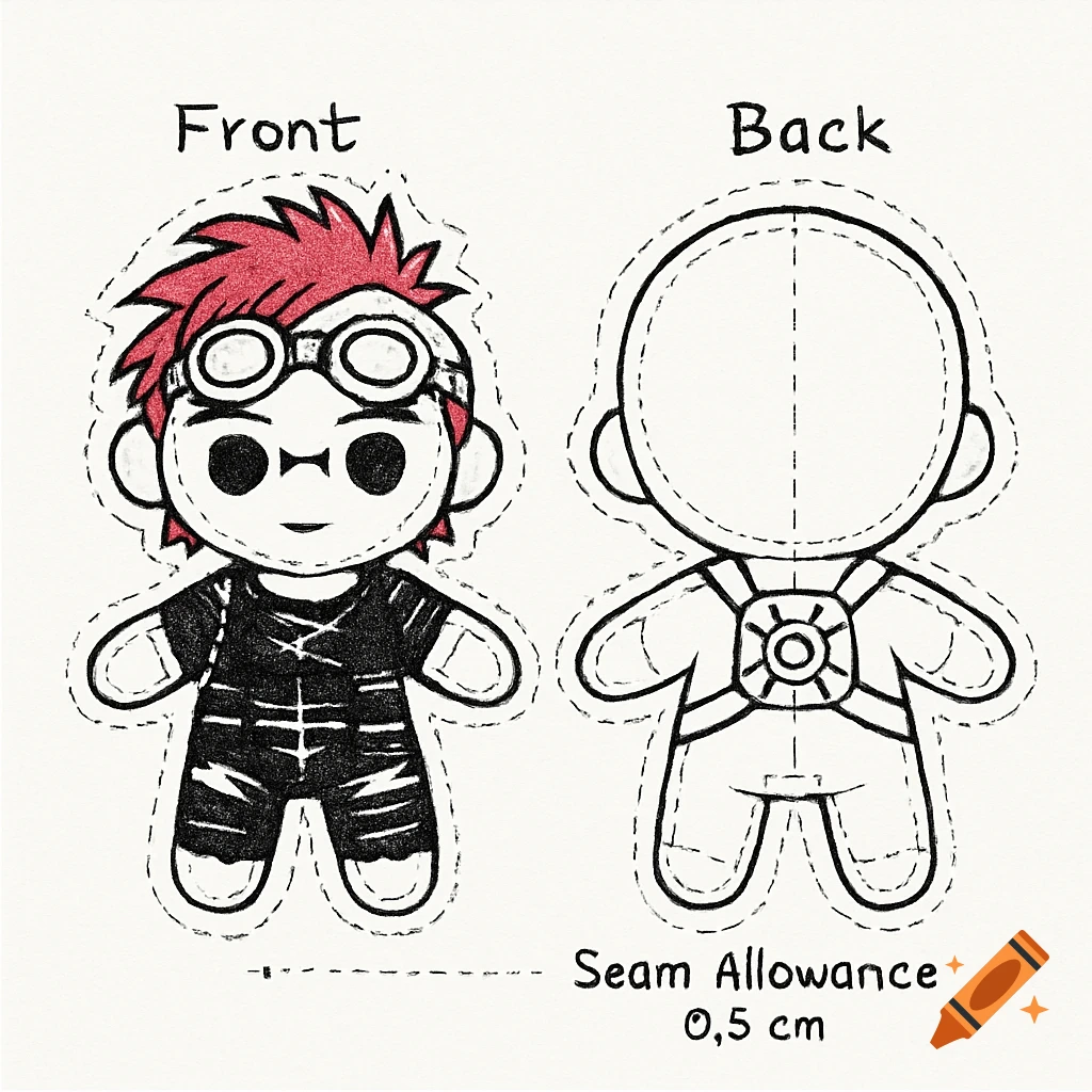 Hand-drawn sewing pattern for a chibi plush toy with red mohawk, goggles, and black ripped jumpsuit. Front and back views are shown.