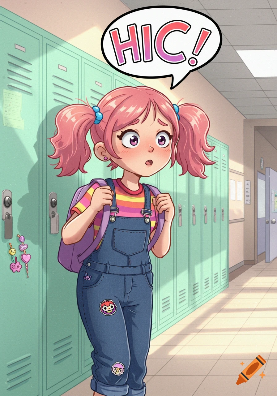 Cartoon girl with pink pigtails, a striped shirt, and denim overalls, hiccuping in a school hallway.