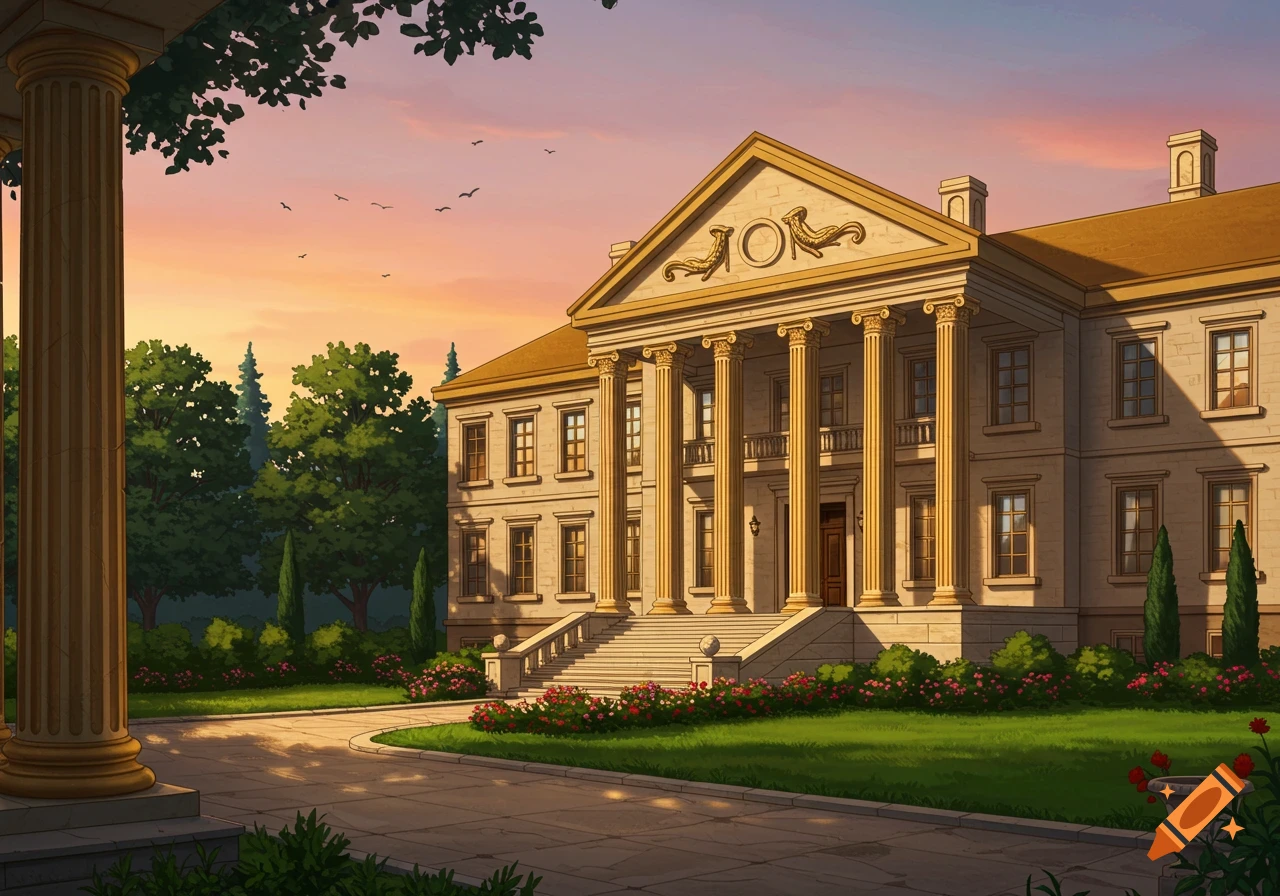 An illustrative image of a grand mansion with golden Roman columns and a triangular roof, surrounded by a lush garden, under a sunset sky.