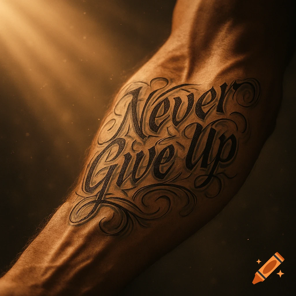 Close-up of a muscular arm with a large, stylized 'Never Give Up' lettering tattoo, lit by a warm light.