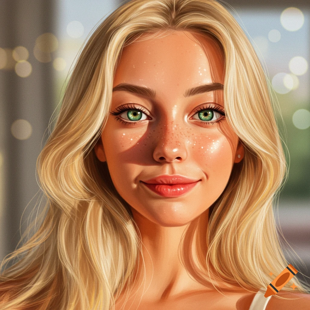 Close-up of a smiling blonde woman with green eyes and freckles, soft lighting.