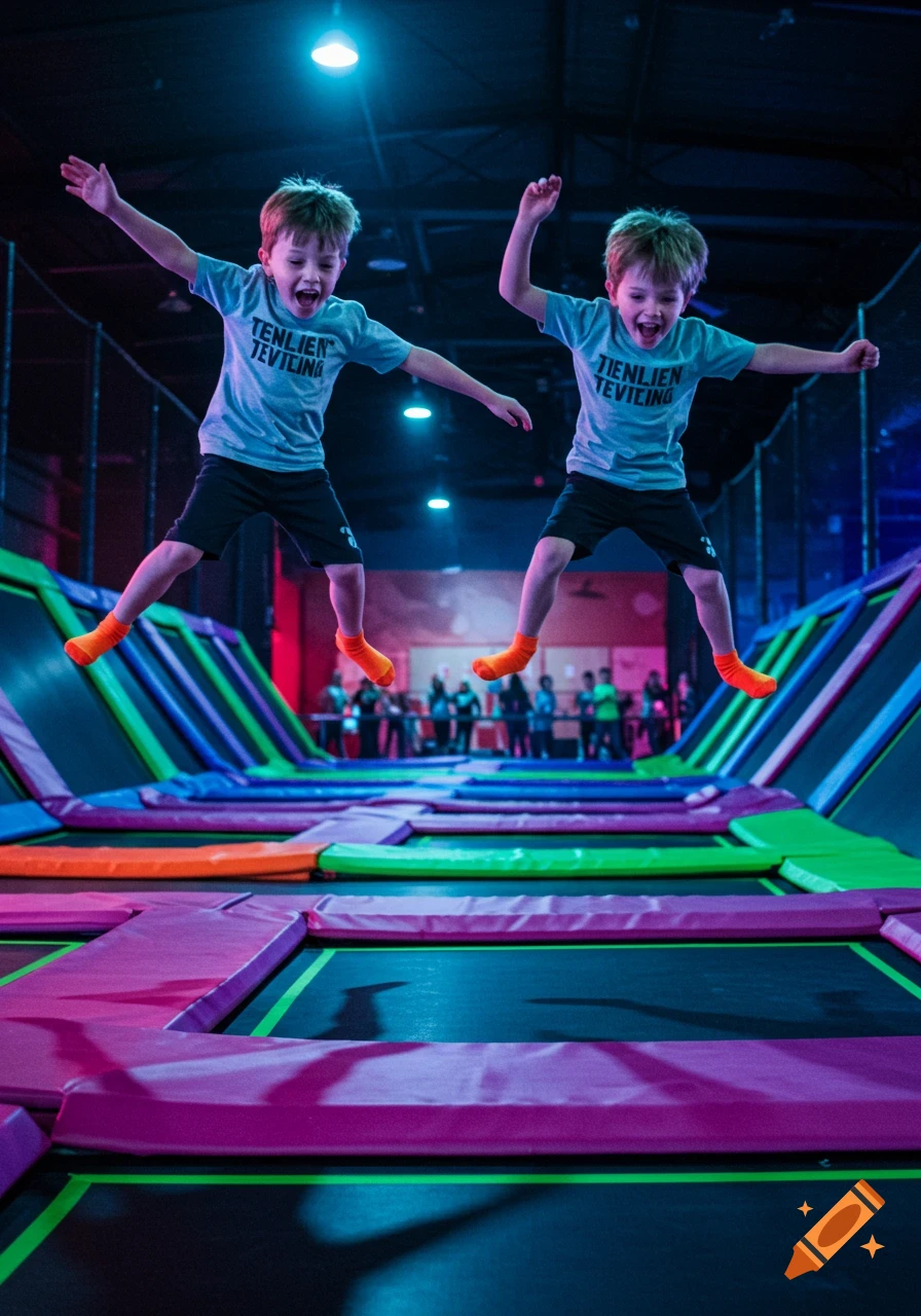 Two young boys in matching shirts jump joyfully on colorful trampolines in an indoor park with neon lighting.