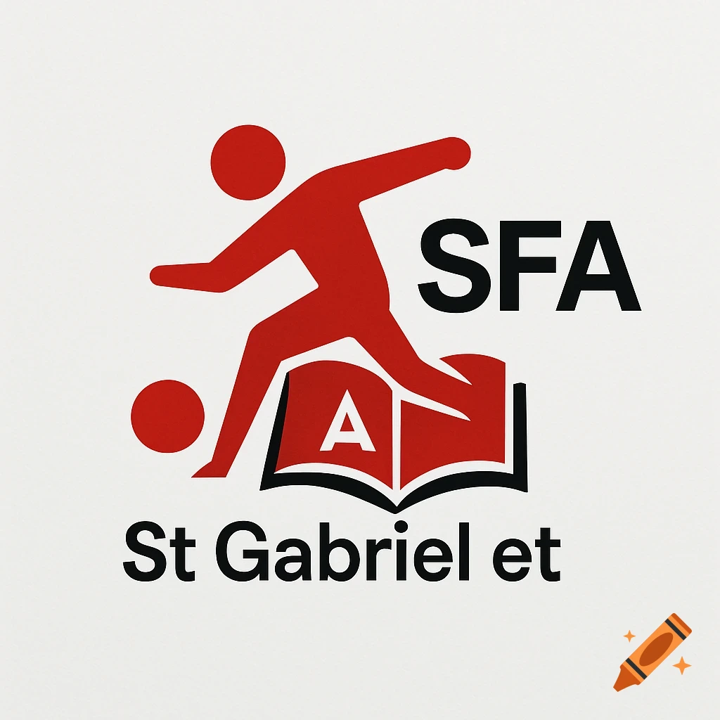 A red and black logo on a white background, featuring a stylized red person kicking a soccer ball above an open book. The text "SFA" is to the right of the person, "A" is on the book, and "St Gabriel et" is below.
