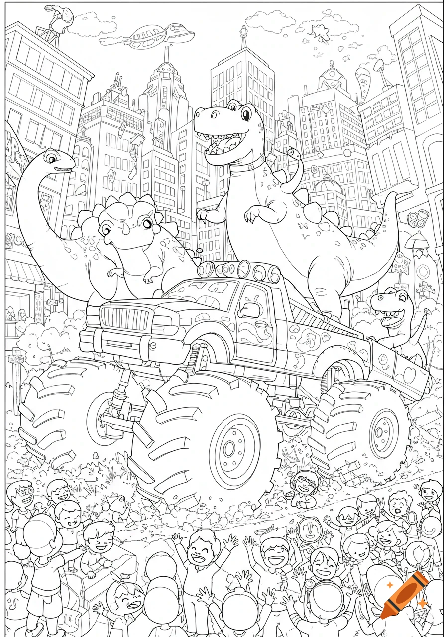 Line art coloring page of dinosaurs on a monster truck driving through a city with cheering children.