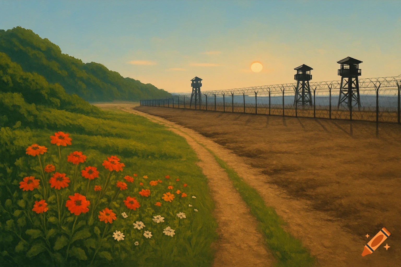 Painterly landscape of a dirt path, barbed-wire fence, and watchtowers at sunset, with red and white flowers.