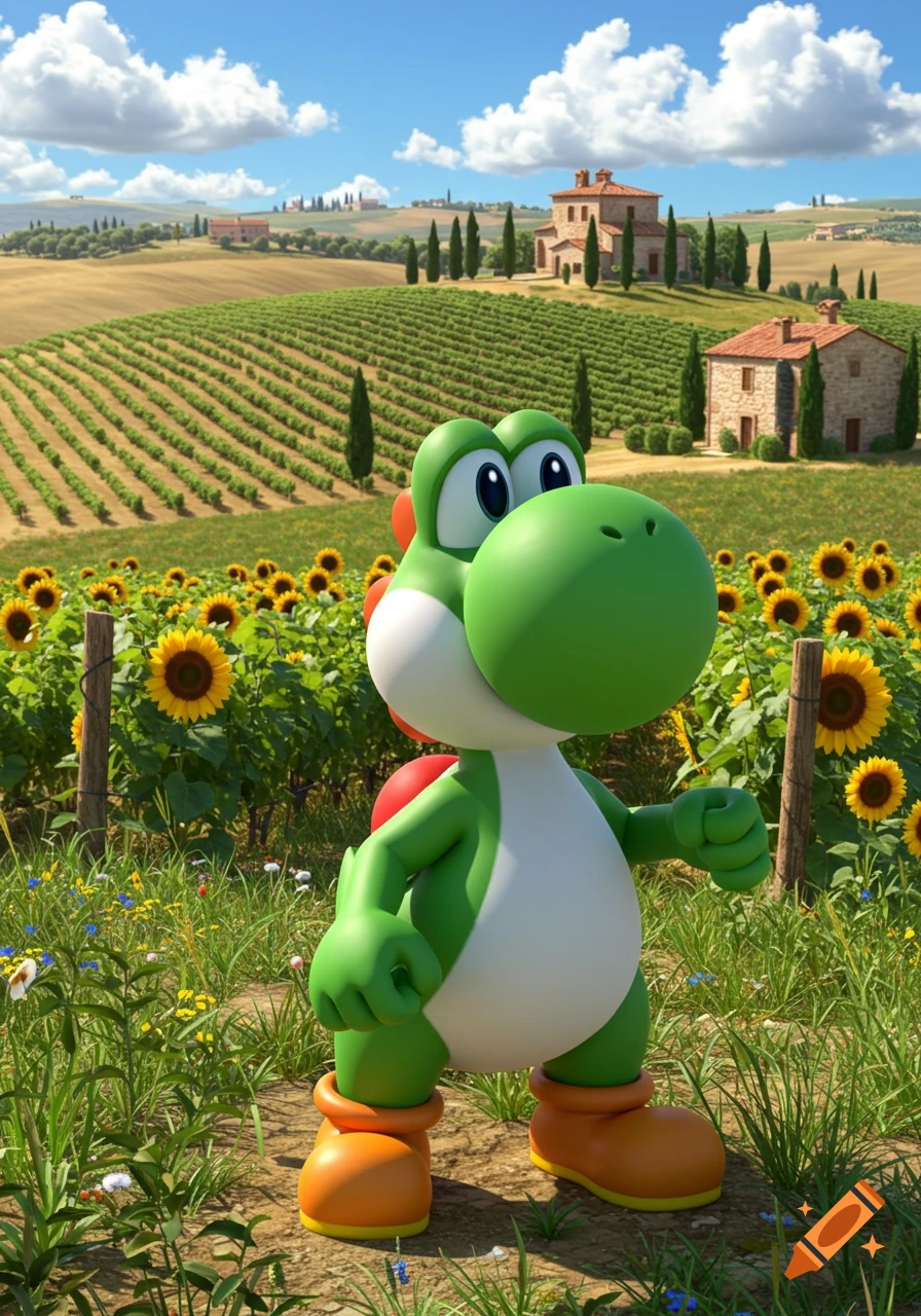 Yoshi standing in a hyperrealistic Italian countryside with sunflowers and vineyards under a blue sky.