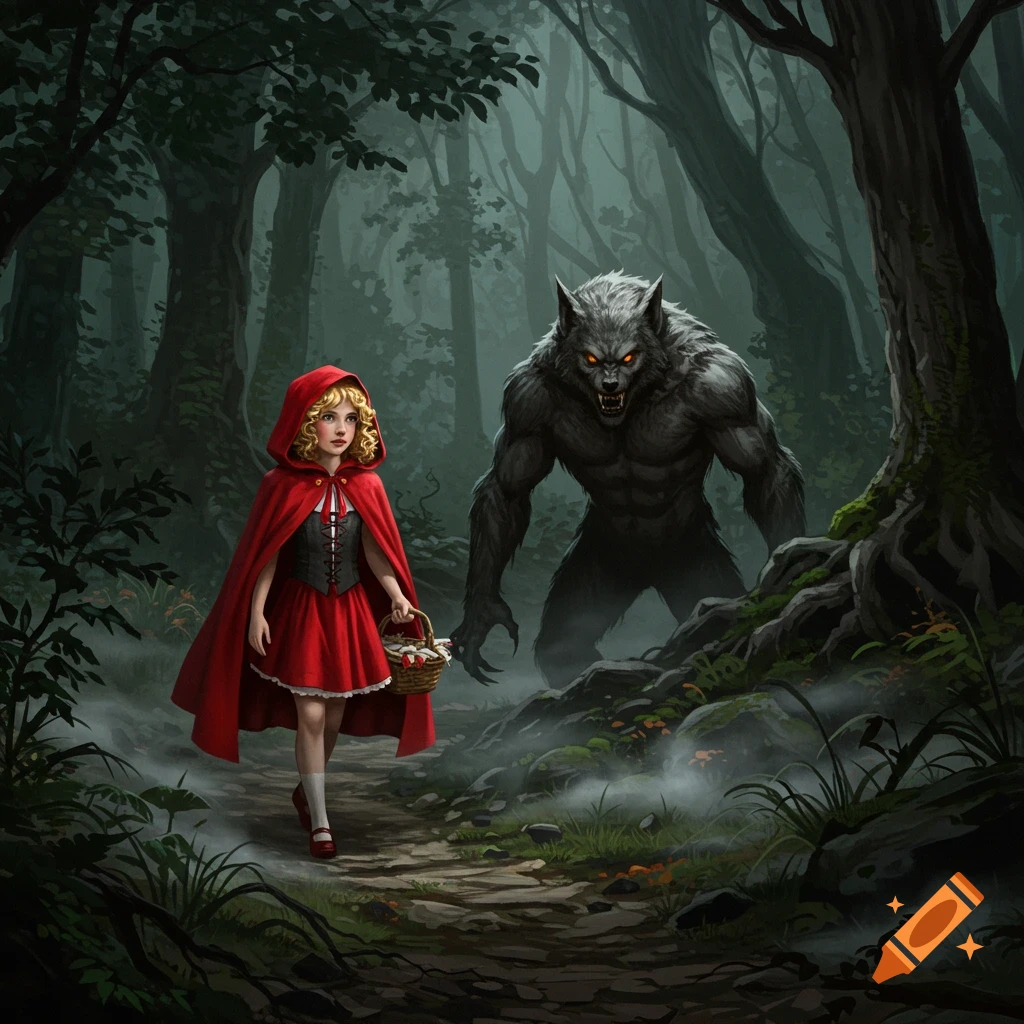 Dark fantasy illustration of Little Red Riding Hood walking a misty forest path as a menacing werewolf stalks her.