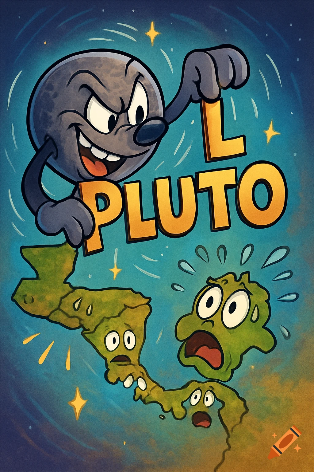 Mischievous cartoon Pluto pulls the 'L' from 'PLUTO' above personified, terrified cartoon maps of Central America.