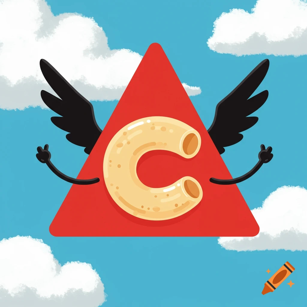 A cartoon red triangle with black wings and arms making peace signs, featuring a yellow macaroni C, against a blue sky with white clouds.