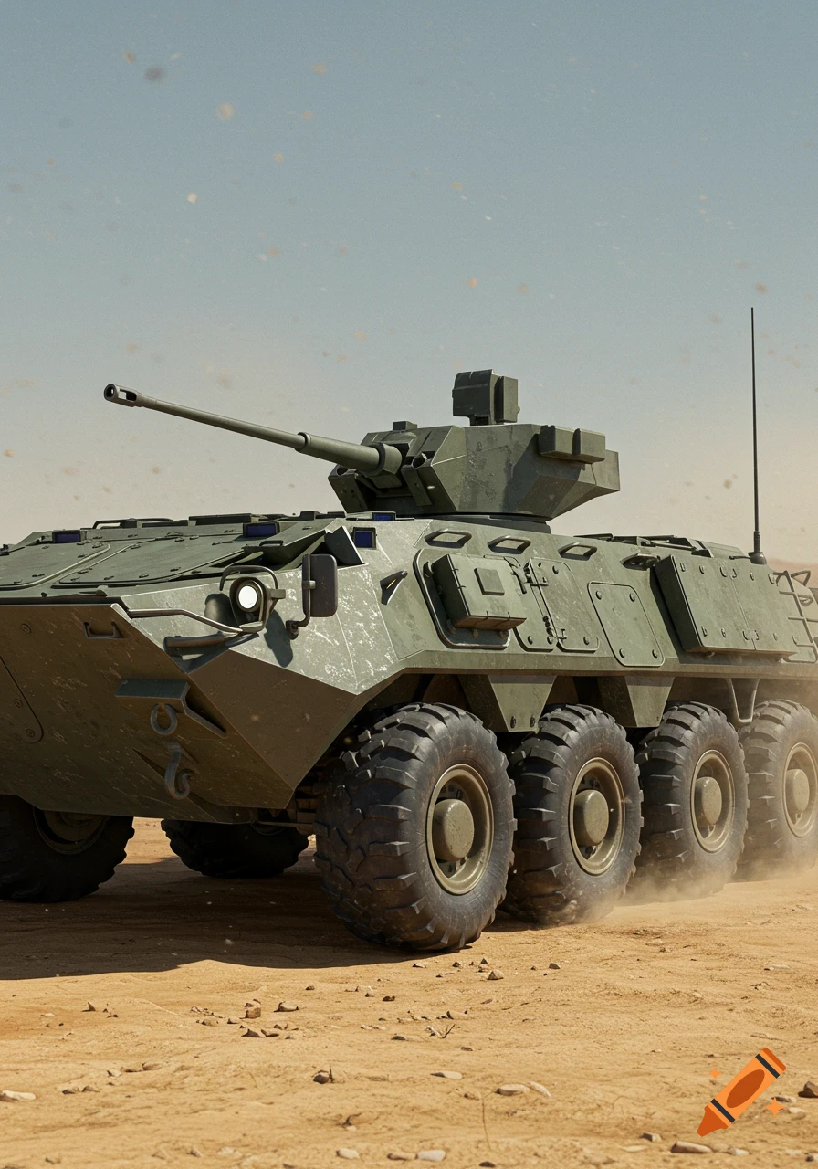 A photorealistic image of an olive green eight-wheeled armored military vehicle with a cannon, driving through a dusty desert landscape.